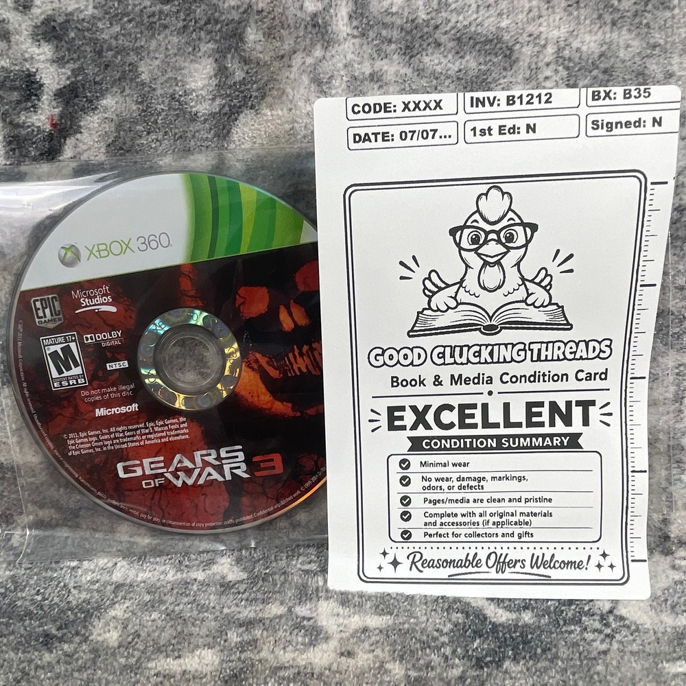 Gears of War 3 Xbox 360‎ Microsoft Epic Games 2011 Third Person Shooter Disc